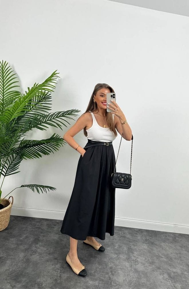 Black Elegant High Waist Flared Maxi Skirt