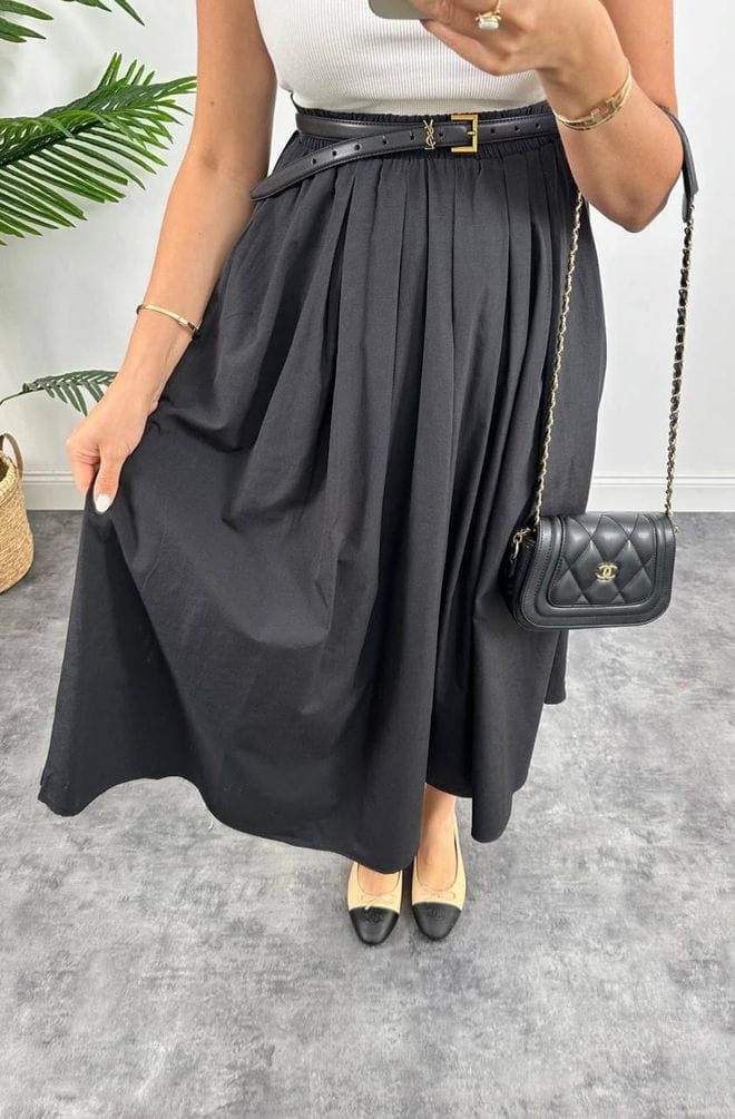 Black Elegant High Waist Flared Maxi Skirt