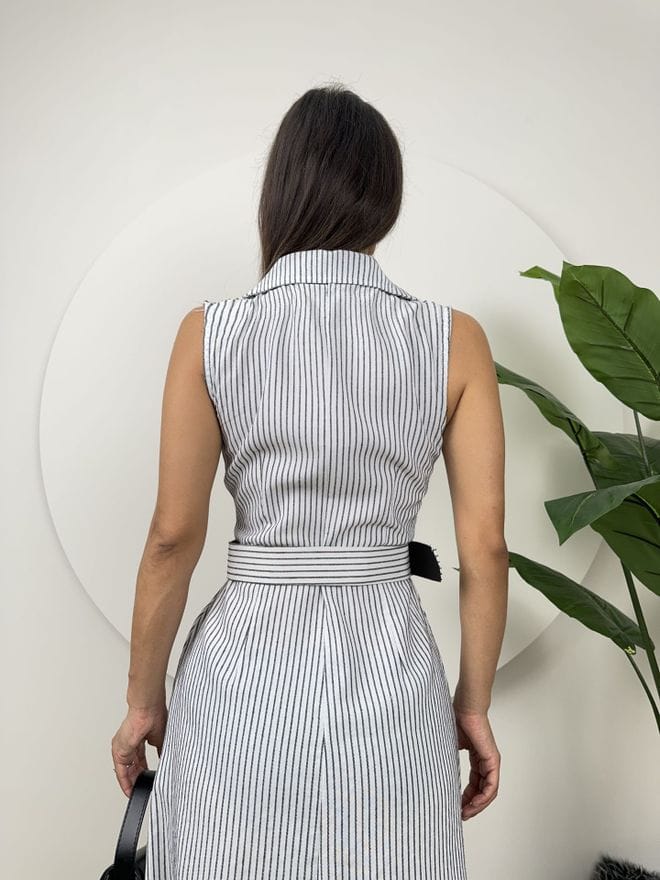 Striped Belt Detail Linen Dress