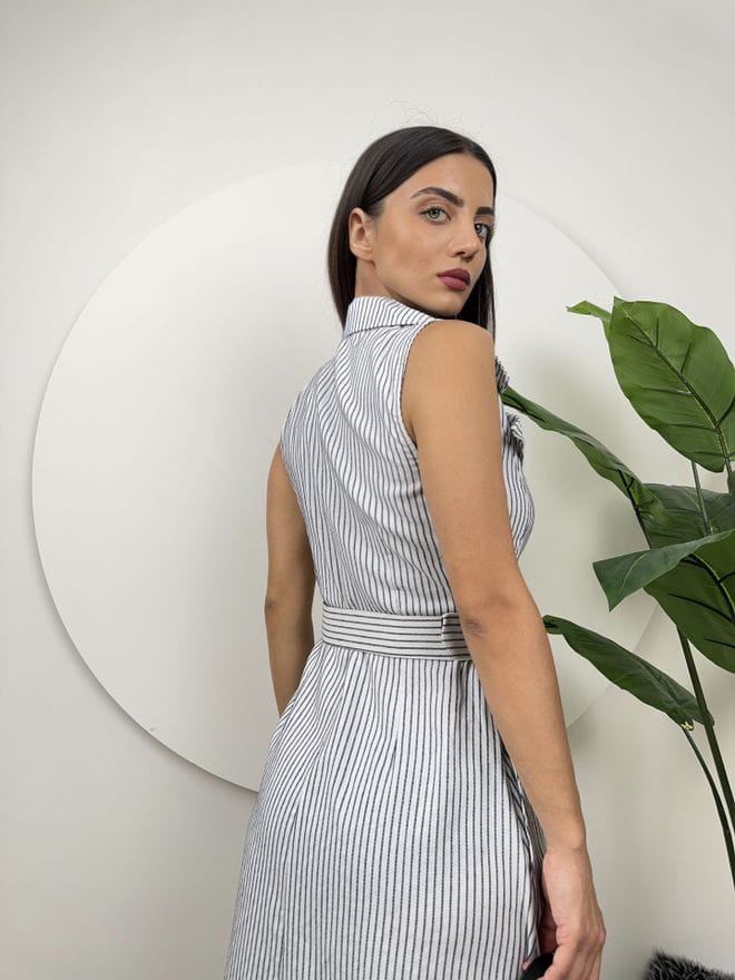 Striped Belt Detail Linen Dress