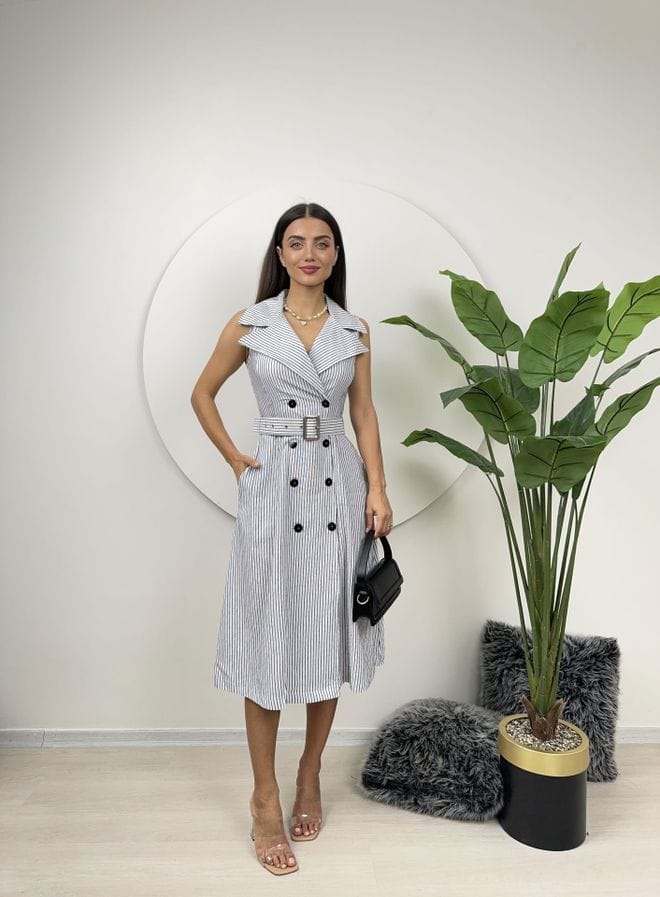 Striped Belt Detail Linen Dress