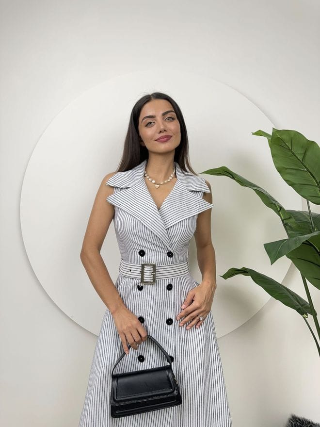 Striped Belt Detail Linen Dress