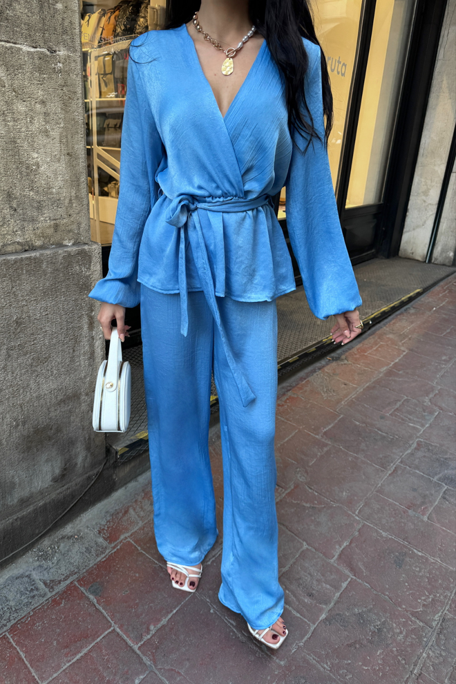 Satin Double Breasted Tie Blouse Trousers Set