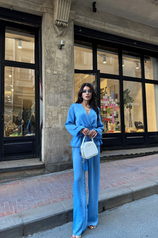 Satin Double Breasted Tie Blouse Trousers Set
