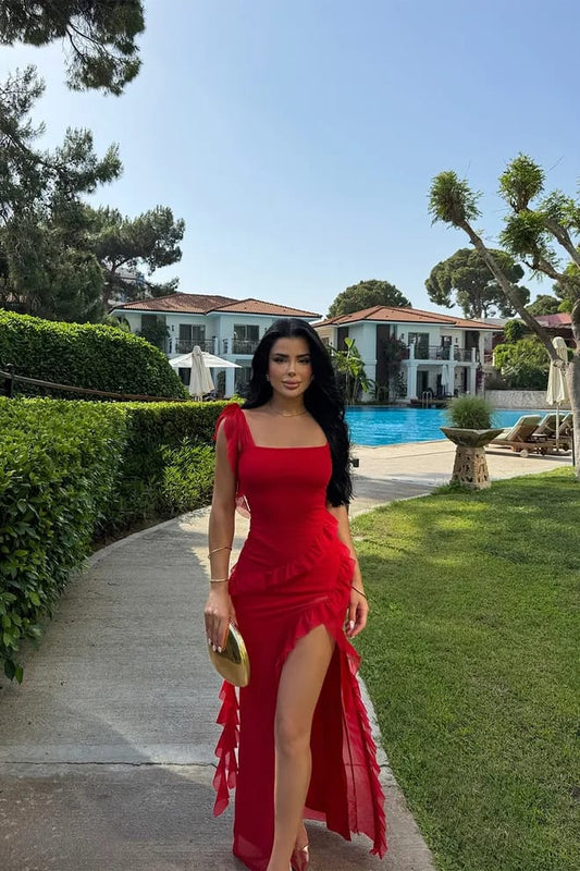 Red Astrid Slit Long Dress