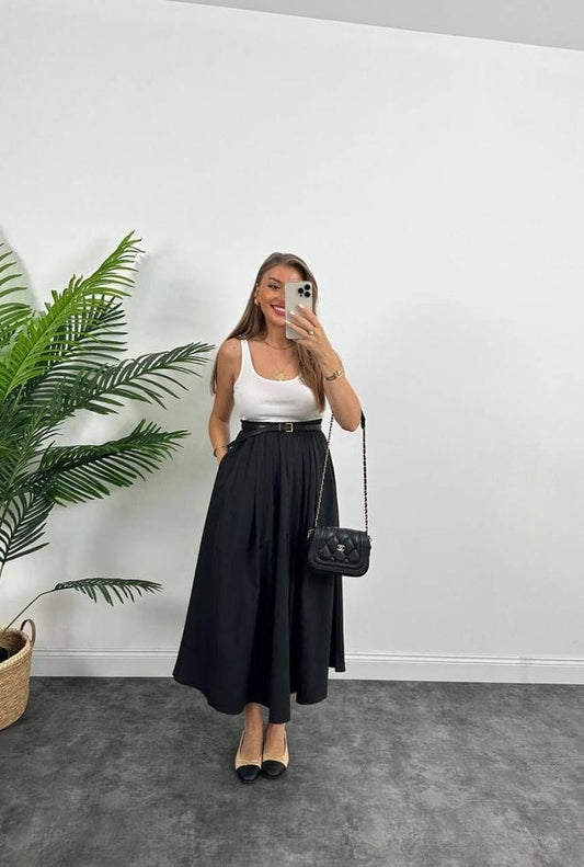 Black Elegant High Waist Flared Maxi Skirt