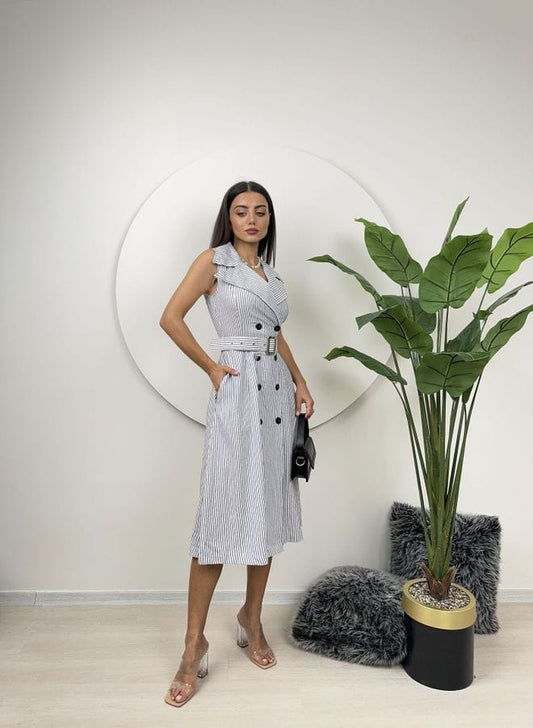 Striped Belt Detail Linen Dress