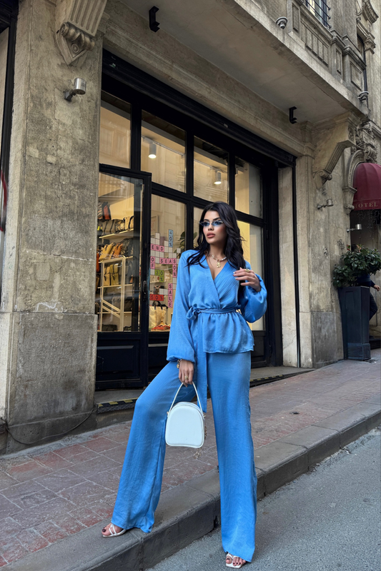 Satin Double Breasted Tie Blouse Trousers Set