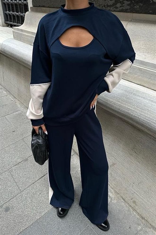 Chest Detailed Tracksuit-Navy Blue