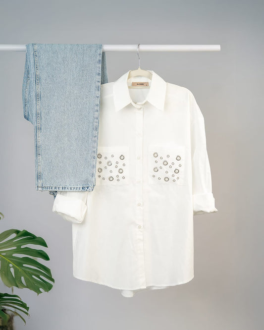Poplin Statement Shirt with Silver Eyelet Details