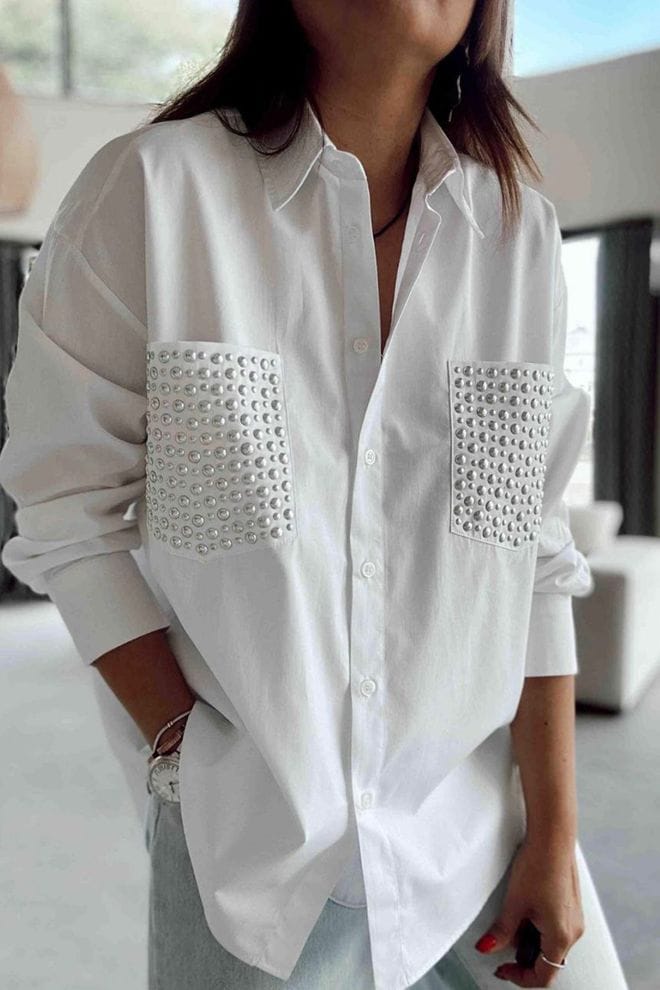 Cotton shirt with stone detailed pockets -white