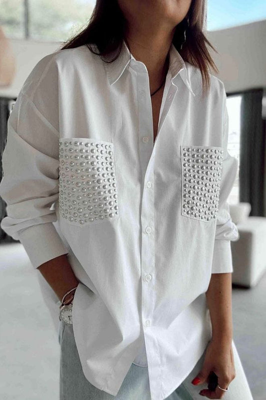 Cotton shirt with stone detailed pockets -white