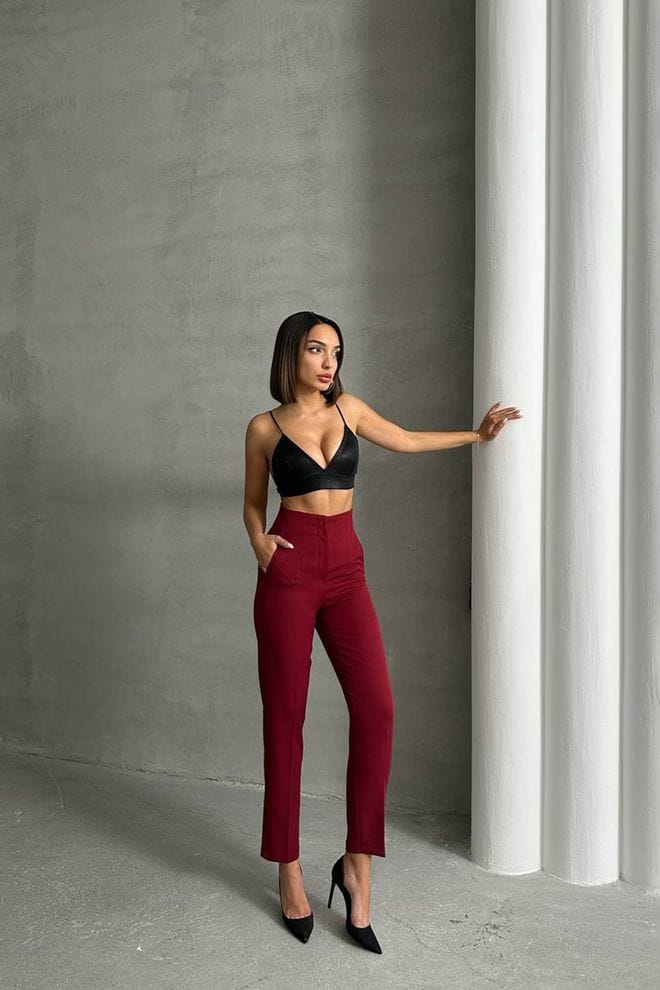 High Waist Fabric Pants -Burgundy