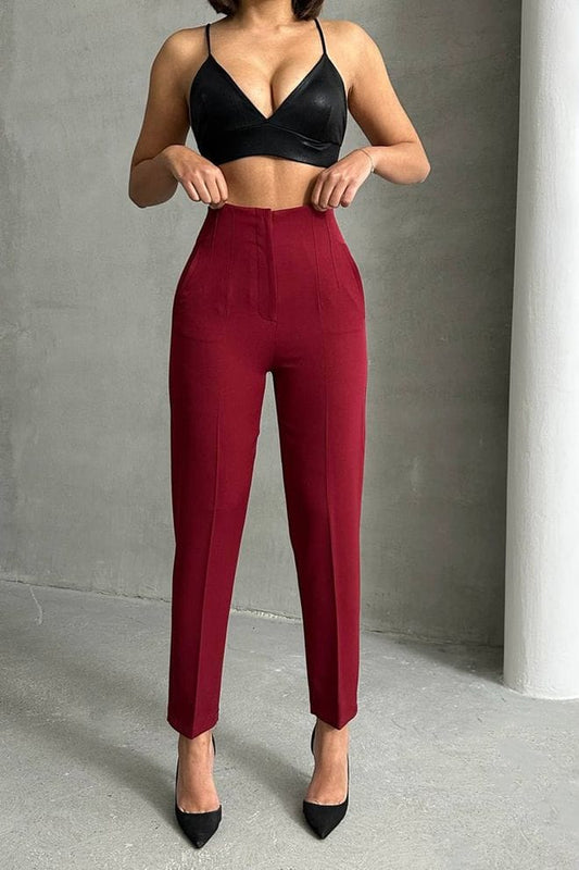 High Waist Fabric Pants -Burgundy