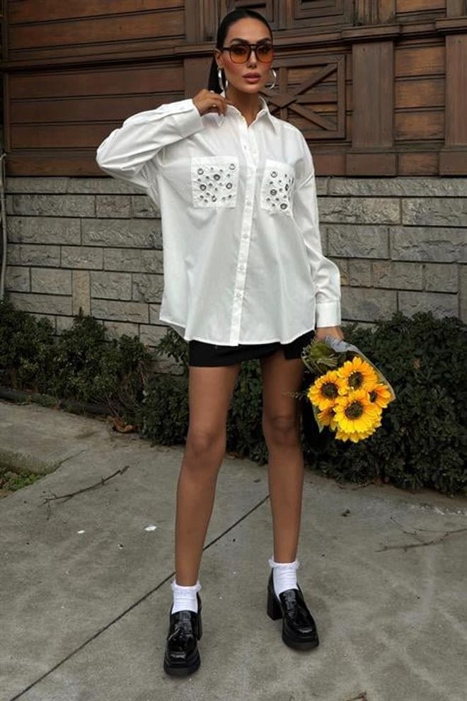 Poplin Statement Shirt with Silver Eyelet Details